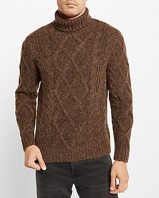 Wool-Blend Cable Knit Turtleneck Sweater Brown Men's L