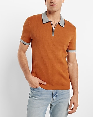 Tipped Contrast Collar Ribbed Zip Sweater Polo