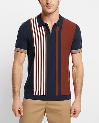 Big & Tall Asymmetrical Striped Short Sleeve Zip Sweater Polo Blue Men's XXL