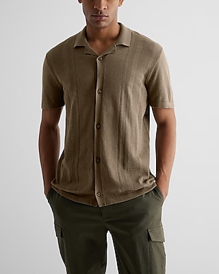 Open Knit Striped Short Sleeve Sweater Polo