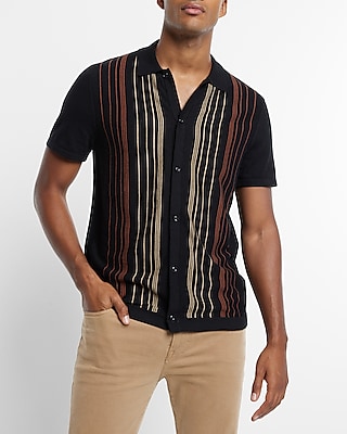 Striped Short Sleeve Sweater Polo Black Men's M Tall