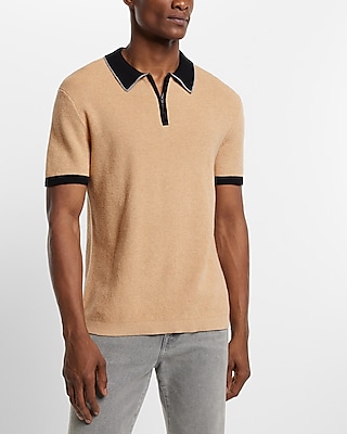 Contrast Collar Waffle Knit Zip Sweater Polo