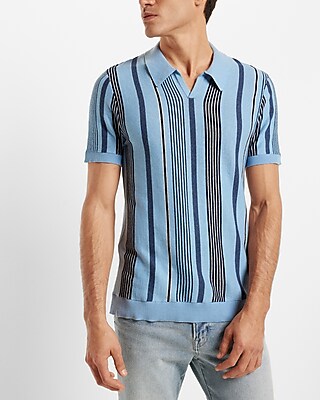Striped Johnny Collar Sweater Polo