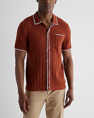 Ribbed Cotton Short Sleeve Sweater Polo Brown Men's XXL Tall
