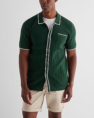 Big & Tall Ribbed Cotton Short Sleeve Sweater Polo Green Men's XXL