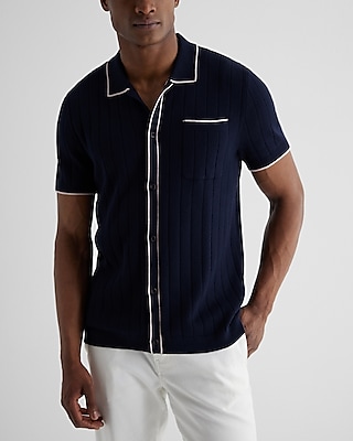 Ribbed Cotton Short Sleeve Sweater Polo Blue Men's M