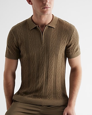 Pointelle Stitched Stripe Cotton-Blend Zip Sweater Polo