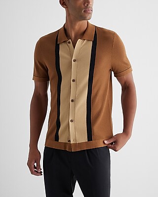 Big & Tall Center Stripe Cotton Short Sleeve Sweater Polo Brown Men's XXL