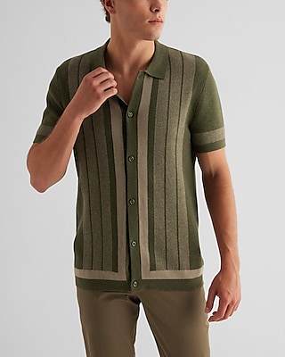 Striped Frame Short Sleeve Sweater Polo Green Men's S