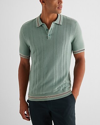 Tipped Striped Short Sleeve Sweater Polo Green Men's XXL Tall