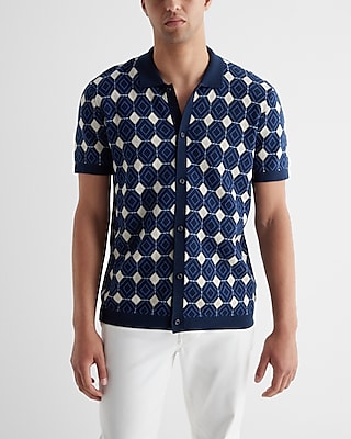 Multi Diamond Geo Cotton Short Sleeve Sweater Polo
