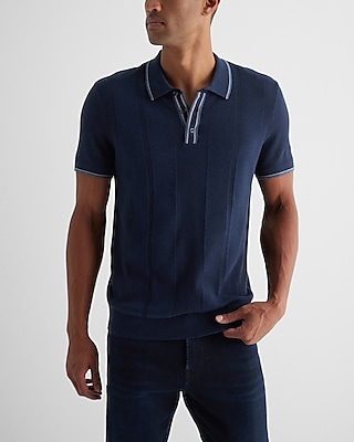 Textured Striped Cotton Short Sleeve Sweater Polo Blue Men's L