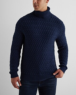 Basket Weave Cotton-Blend Turtleneck Sweater Blue Men's L