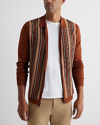 Striped Cotton-Blend Zip Sweater Polo Brown Men's XL
