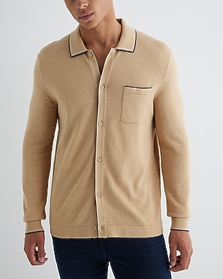 Stripe Tipped Cotton-Blend Sweater Polo Neutral Men's L Tall