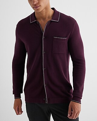 Stripe Tipped Cotton-Blend Sweater Polo Purple Men's M Tall