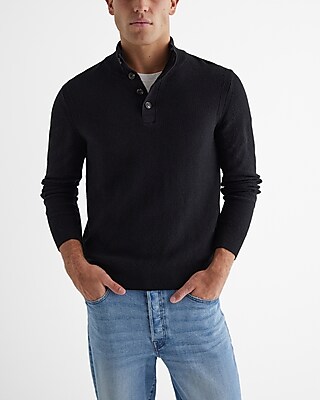 Cotton Textured Stitch Buttoned Mock Neck Sweater