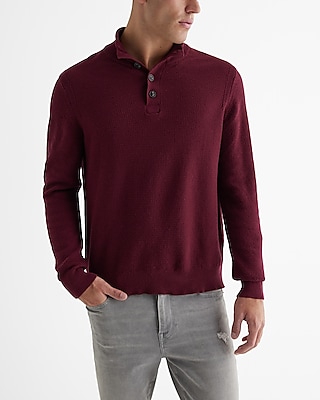 Cotton Textured Stitch Buttoned Mock Neck Sweater Red Men's S