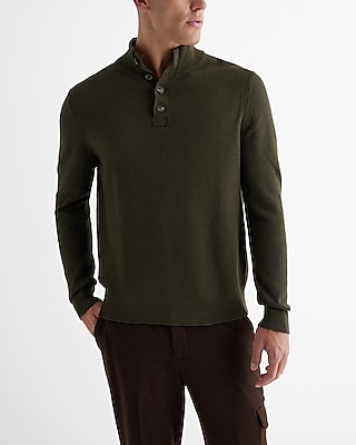 Cotton Textured Stitch Buttoned Mock Neck Sweater Green Men's S