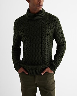 Cable Knit Wool-Blend Turtleneck Sweater Green Men's M