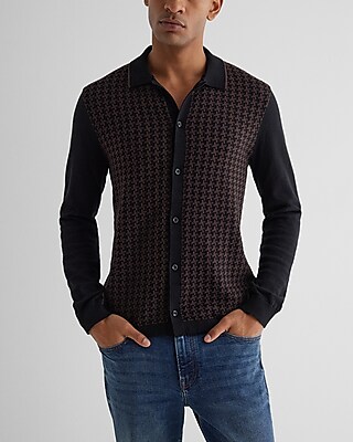 Houndstooth Cotton Long Sleeve Sweater Polo