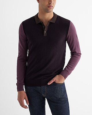 Color Block Merino Wool Sweater Polo Purple Men's L