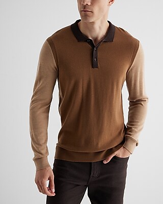 Color Block Merino Wool Sweater Polo Brown Men's S