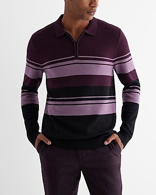 Striped Cotton Zip Sweater Polo Purple Men's L Tall