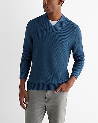 Ribbed Shawl Neck Cotton Sweater Blue Men's L