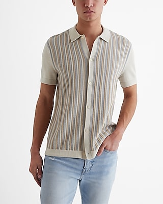 Striped Cotton Short Sleeve Sweater Polo White Men's Tall