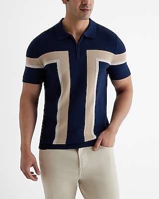 Stripe Bordered Cotton-Blend Zip Sweater Polo Blue Men's