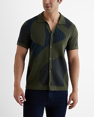 Striped Abstract Cotton Short Sleeve Sweater Polo Green Men's