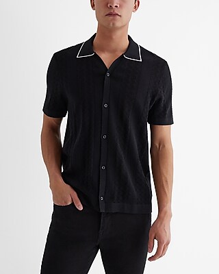 Textured Stripe Cotton Short Sleeve Sweater Polo Black Men's M