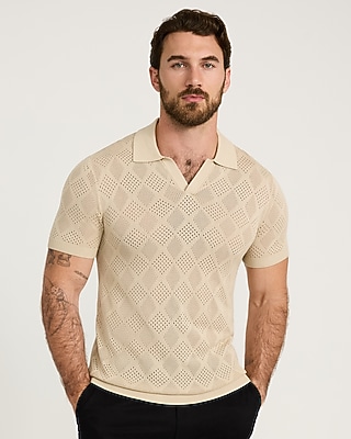 Jersey Open Knit Diamond Johnny Collar Sweater Polo