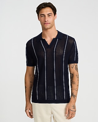 Striped Cotton Open Knit Johnny Collar Sweater Polo