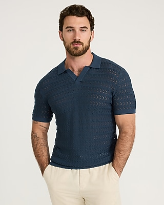 Cotton Crescent Open Knit Pointelle Johnny Collar Short Sleeve Sweater Polo