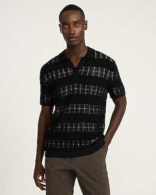 Textured Striped Johnny Collar Cotton Sweater Polo