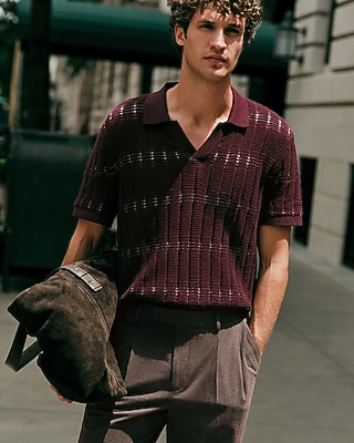 Textured Striped Johnny Collar Cotton Sweater Polo