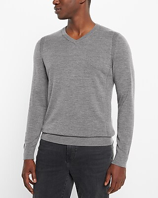 Big & Tall Solid Merino Wool V-Neck Sweater Gray Men's XXL