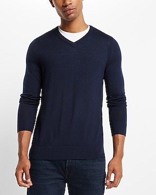 Solid Merino Wool V-Neck Sweater Blue Men's S