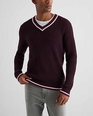 Stripe Tipped V-Neck Cotton Sweater Purple Men's L