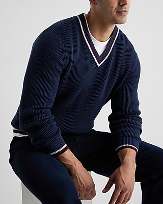 Stripe Tipped V-Neck Cotton Sweater Blue Men's S