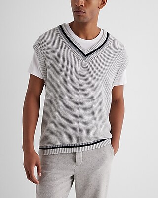Relaxed Cotton Striped Hem Sweater Vest Gray Men's L Tall