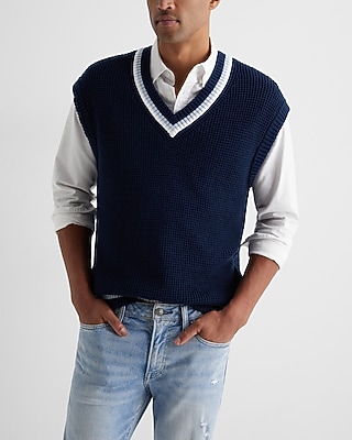 Relaxed Cotton Striped Hem Sweater Vest