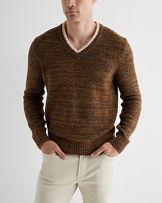 Textured Tipped V-Neck Sweater Brown Men's M