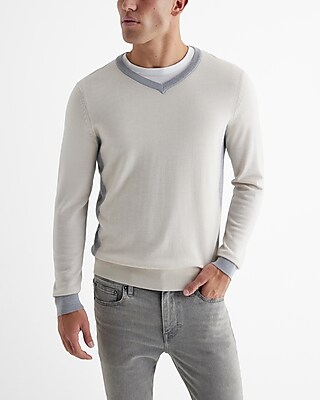 V-Neck Color Block Merino Wool Sweater Neutral Men's M Tall