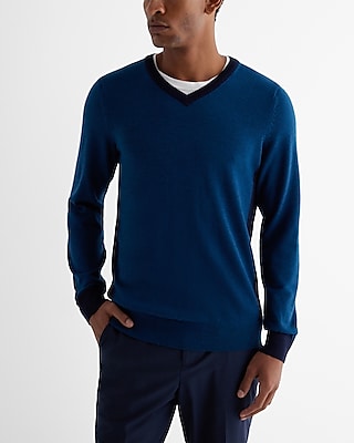 V-Neck Color Block Merino Wool Sweater Gray Men's XXL Tall
