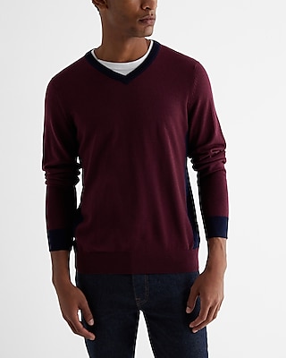V-Neck Color Block Merino Wool Sweater Red Men's L