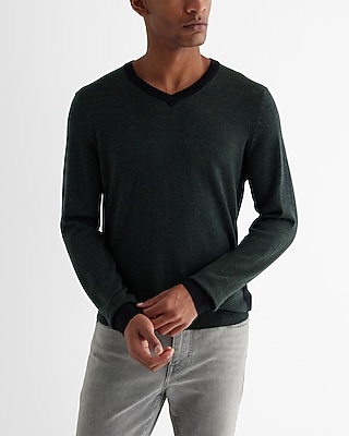 V-Neck Color Block Merino Wool Sweater Green Men's XXL Tall