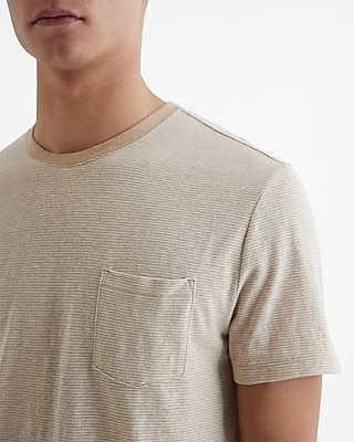 Striped Linen-Blend Pocket Crew Neck T-Shirt Neutral Men's XL